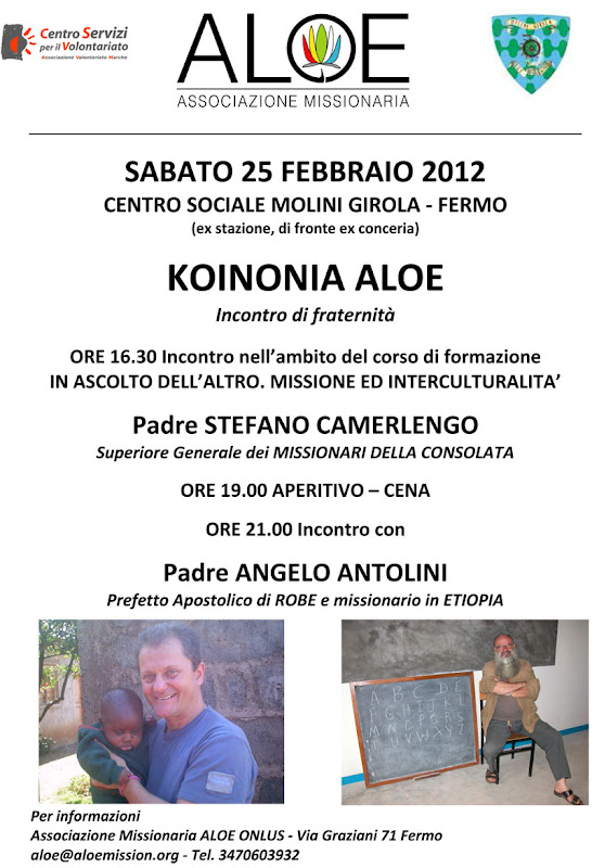 Incontro con Padre Angelo Antolini il prossimo 25 Febbraio, nell'ambito dell'incontro mensile di fraternità organizzato da ALOE